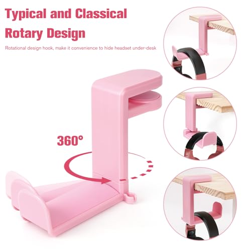 Rotating Headphone Stand, Multi-Functional 360° Rotatable Adjustable Clamp-on Under Desk Headset Stand, Universal Gaming and Office Headphone Holder, Pink - color: Pink