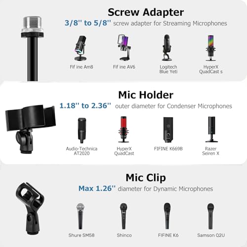 BILIONE Microphone Stand Floor, 45''-75'' Height Adjustable Boom Mic Stand with Weighted Base, 2 Clips & 3/8'' to 5/8'' Adapter Compatible with Blue Yeti HyperX QuadCast Shure SM58 - size: Mic Stand Floor