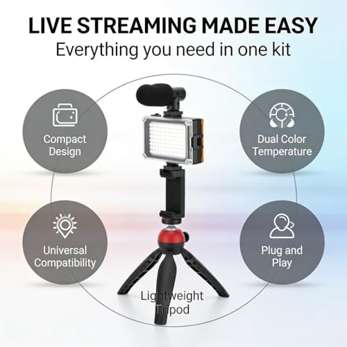 Portable Mobile Phone Photography Kit with Fill Light Microphone Tripod Red - Compact Vlogging Microphone Kit, Recording Equipment for Content Creator and Live Streaming (Red)