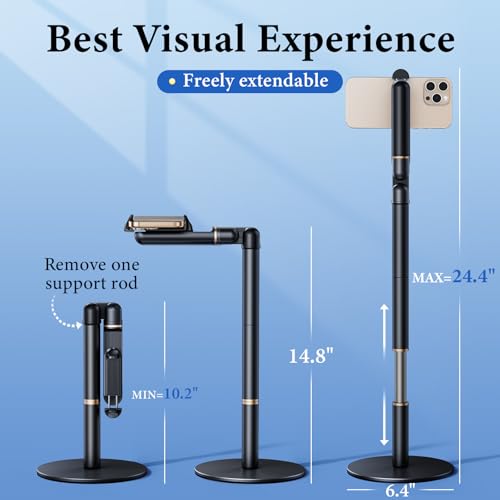Retractable Phone Stand for Desk,10.2-24.4in Height Adjustable Rotating Phone Holder for Recording,Aluminium Overhead Phone Mount for iPhone & 4.7-7in Cell Phones
