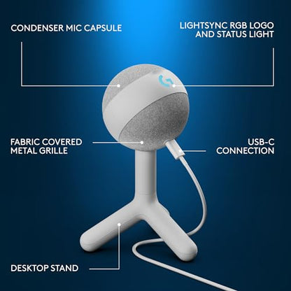 Logitech G Yeti Orb Condenser RGB Gaming Microphone with LIGHTSYNC, USB Mic for Streaming, Cardioid, USB Plug and Play for PC/Mac - Off White - color: Off White
