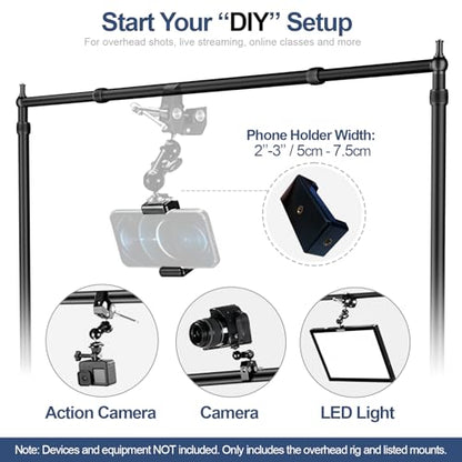 EMART Overhead Camera Mount Rig, Desk Mount & Adjustable Height/Width with Phone Holder, Max Load 26.5lbs, Compatible with DSLR, Smartphones & Webcams for Top Shot, Video, Vlog, Studio Photography