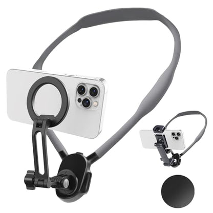 Neck Phone Holder for Recording, Magnetic Neck Mount for Phones, Hand Free Cell Phone Holder with Anti-Vibration Chest Strap for Recording POV/Vlog Video Selfie, Compatible with iPhone, Android, Gray