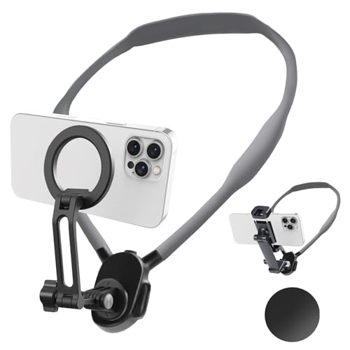 Neck Phone Holder for Recording, Magnetic Neck Mount for Phones, Hand Free Cell Phone Holder with Anti-Vibration Chest Strap for Recording POV/Vlog Video Selfie, Compatible with iPhone, Android, Gray