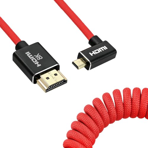 Uonecn Right-Angle Micro HDMI to HDMI Cable Coiled for Atomos Ninja-V, HDMI to Micro HDMI Spring Cord for Canon R5C R5 R6, Support 3D HDR 1080P HD eARC, Right Angle Red 12-18" - color: Red Braided, size: 12-18"(R-A)