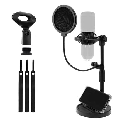 RTNLIT Desktop Mic Stand with Phone Holder, Adjustable Desk Microphone Stand with Pop Filter, Shock Mount, Mic Clip, 3/8" to 5/8" Screw Adapter for Blue Yeti Snowball Shure SM7B and Other Mics