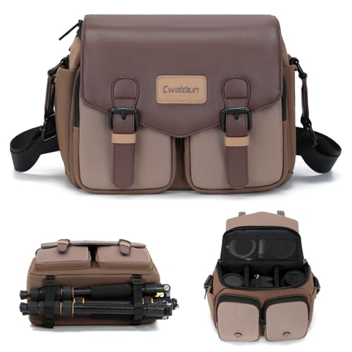 Cwatcun Camera Messenger Bag, Waterproof Flap Camera Crossbody Shoulder Case with Tripod Holder, Travel Photography Bag for Canon, Nikon, Sony, Fuji DSLR/SLR/Mirrorless Camera, Lens （Brown）, M - color: Brown, size: M