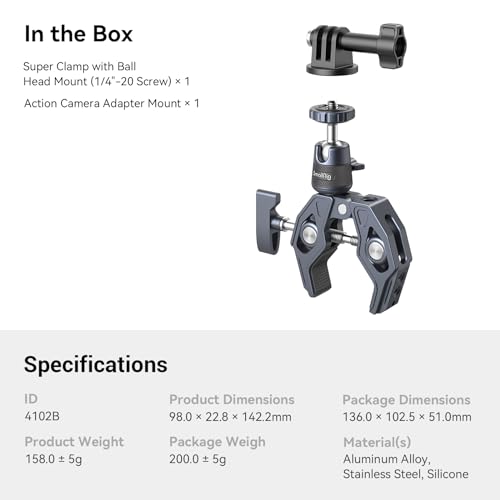 SMALLRIG Camera Mount Clamp, Gopro Motorcycle and Bike Handlebar Mount Kit, Super Clamp for DSLR, Action Camera, Gopro, Insta360, LED Light, Monitor, Max Load 3.5KG