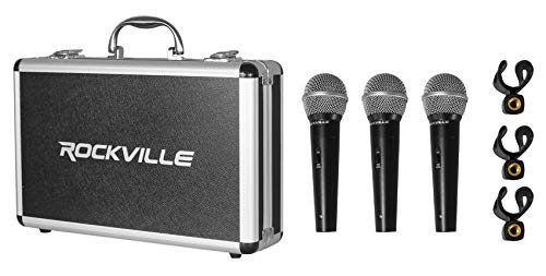 Rockville RMC-3PK Bundle: 3-Pack Metal Wired Microphones, (3) RTMS21 Desktop Tripod Stands with Pop Filter and Shock Mount, (3) 20-ft Female to Male XLR Cables for Podcasting, 7-Items