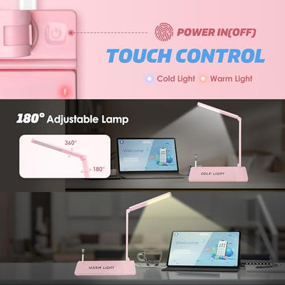SHANTRA 16'' x 7'' Desktop Whiteboard with Fast Charger Station & Adjustable LED Lamp, Pink Desk Dry Erase Board with Organizer, Computer Pad & Keyboard Stand for Home, School, Office Desk Accessories - color: Pink With Led Lamp & Charger Station