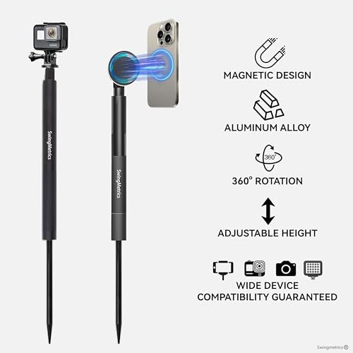 Golf Monopod Selfie Stick with Metal Ground Spike, Magnetic Phone Holder 52" Adjustable, Golf Swing Training Aid Compatible w/Magsafe iPhone, Golf Training Aid (Magnet) - color: Magnet