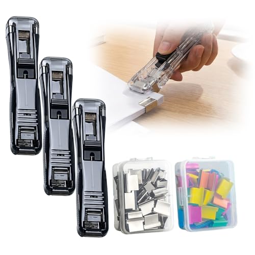 Portable Binder Clip Stapler, 2026 New Reusable Portable Paper Clam Clip Dispenser, 100 Metal Refill Clips (50 Silver + 50 Color) for Home, School, Desk Office (Black-3PCS) - color: Black-3pcs
