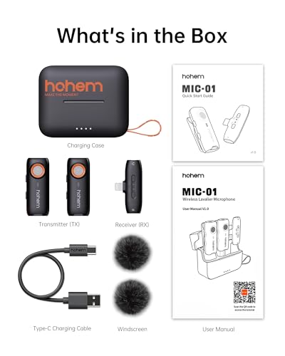 hohem MIC-01 Wireless Lavalier Microphone for iPhone, Noise Cancellation, 48kHz 328ft Range, 20 Hours Battery, Wireless Microphone for iOS, Live Streaming, Vlog (2TX + 1RX + Charging Case) - color: Lighting