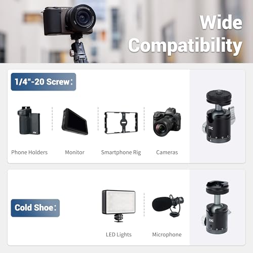 JJC Mini Ball Head, Ballhead Tripod Mount Adapter Converter for Tripod Monopod Camera LED Light Microphone, Cold Shoe Tripod Mount Adapter for Photography, 1/4''-20 to Cold Shoe Mount Adapter