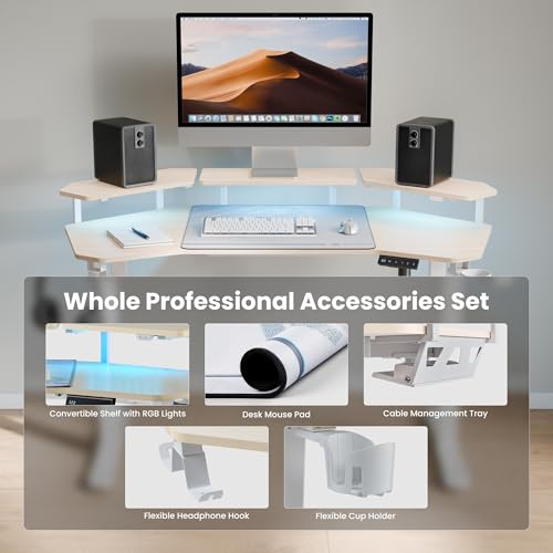 EUREKA ERGONOMIC Aero 55 Inch W Shaped Electric Standing Desk, Height Adjustable Computer Gaming Desk with LED Monitor Shelf, Mouse Pad, Headphone Hook, Cup Holder, Natural Maple - color: Maple, size: 55"W x 35"H-Adjustable