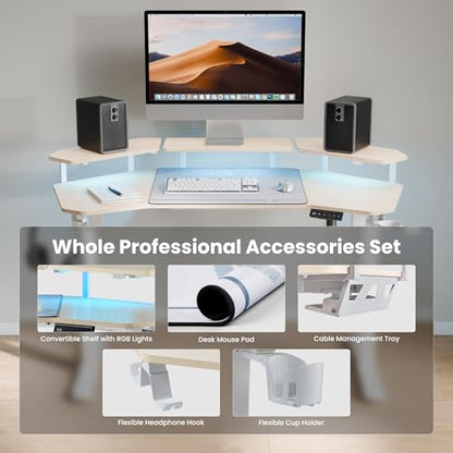 EUREKA ERGONOMIC Aero 55 Inch W Shaped Electric Standing Desk, Height Adjustable Computer Gaming Desk with LED Monitor Shelf, Mouse Pad, Headphone Hook, Cup Holder, Natural Maple - color: Maple, size: 55"W x 35"H-Adjustable