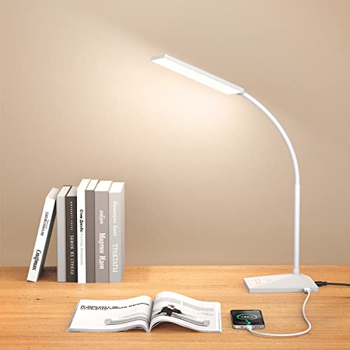 Vansuny LED Desk Lamp with USB Charging Port, Eye-Caring, 5 Color Modes,6 Brightness Levels, Touch Control, Adjustable Neck, Memory Function for Dorm Office Work Bedroom (12W,White) - color: White USB Charger