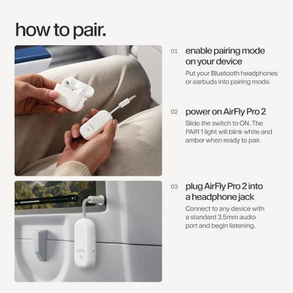 AirFly Pro 2 – Bluetooth Adapter, Pair 2 AirPods or Wireless Headphones – 3.5mm AUX Bluetooth Transmitter and Receiver for Cars, Boats, Treadmills, TVs & More – Travel Essentials,White - color: White, style: AirFly Pro 2