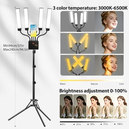 Selfie Light with 75'' Tripod Stand, Dimmable 3 Color Four Arms LED Tattoo Light with Phone Holder & Carry Bag, LED Light for Lash Tattoo Video Photography Live Stream, 80W 95CRI Floor Lamp