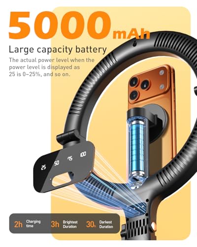 CloudValley Magnetic Overhead Phone Mount with 10" Ring Light, 5000mAh Desktop Tripod with Battery Display, Foldable LED Selfie Light with iPhone Stand for Video Recording Cooking, Live Streaming
