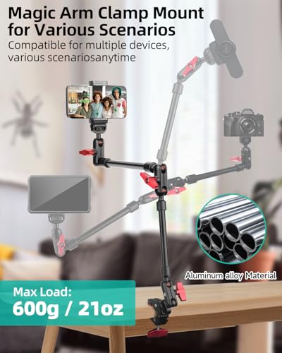 22" Magic Arm w Clamp Mount, Overhead Desk Phone Mount Stand, Adjustable Articulating Friction Camera Boom Arm w 1/4" Thread for Phone Video Light Webcam Action Camera Tripod Mic - size: 22IN-RB