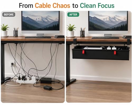 Under Desk Cable Management Tray, 90CM Extra Large, No-Drill Clamp Mount Cable Organizer, Hide Power Strips, Adapters & Wires, Easy Access Fabric Cable Basket for Standing Desks & Home Offices