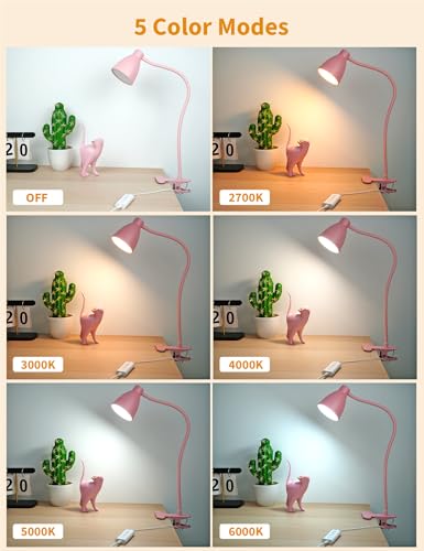 BOHON Cute Desk Lamp with Clamp Clip on Light, 5 Color 10 Brightness, Pink | Flexible Gooseneck Pink Lamp 10W 38 LED Auto Off Timer Kawaii Accessories Desk Lights for Office Home Bed Bedside Reading - color: Pink