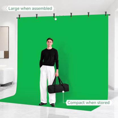 EMART Green Screen Backdrop Kit, 8.5x8.5ft Large Green Screen Backdrop with 8.8x7.5FT Reverse Folding T-Shape Tripod Stand, Spliced Crossbar Plate & 6 Clamps for Studio Shooting, Live Stream