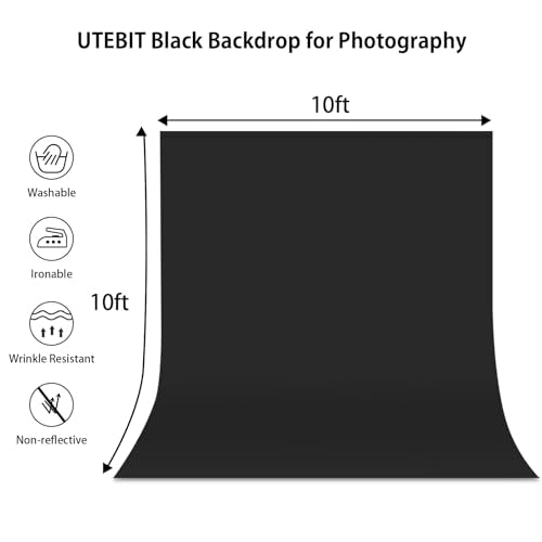 UTEBIT 10X10 FT Black Backdrop Background for Photography (Backdrop Only) | Thick Polyester Fabric Photo Back Drop Curtain Screen, Photographic Studio Photo Backgrounds for Portraits Party Video Studio