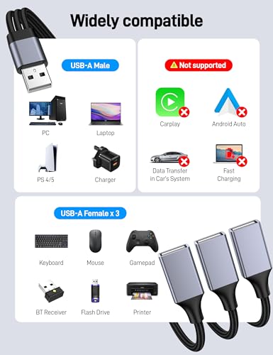 USB Y Splitter 1 in 3 Out, USB Male to 3 Female Cable for PC, Tablet, Laptop, MacBook, Keyboard, PS4, PS5, Mouse, FlashDrive, LED, Etc. - size: 1 Pack
