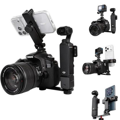 Multi-Camera Mount Rig for DJI Osmo Pocket 3 4 insta360 Luna Ultra & DSLR Digital Action Camera – Dual 1/4" Screws with Cold Shoe Mounts, Tripod Compatible, Supports Phone as Monitor