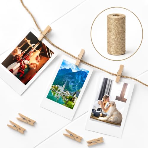 jijAcraft 100Pcs Clothespins with String, 1.4Inch Mini Wooden Clothes Pins with 328Ft Jute Twine, Mini Baby Shower Photo Clips, Small Natural Clips for Hanging Photo, Clothes, DIY Crafts, Wrap Bag - color: Natural