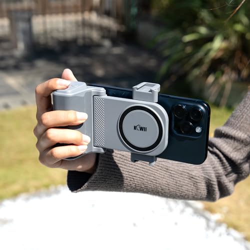 KIWIFOTOS Travel Phone Camera Grip Smartphones Camera Handle | for iPhone 17 16 Pro Max Galaxy S25 S24 Selfie Vlog Video Shooting, with Cold Shoe Mount, without Tripod, Bluetooth remote - color: Clip on Phone Camera Grip Gray