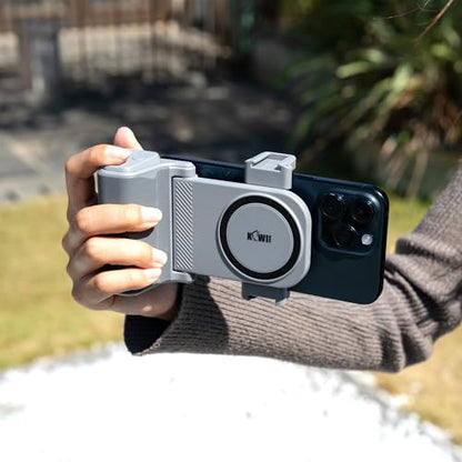 KIWIFOTOS Travel Phone Camera Grip Smartphones Camera Handle | for iPhone 17 16 Pro Max Galaxy S25 S24 Selfie Vlog Video Shooting, with Cold Shoe Mount, without Tripod, Bluetooth remote - color: Clip on Phone Camera Grip Gray