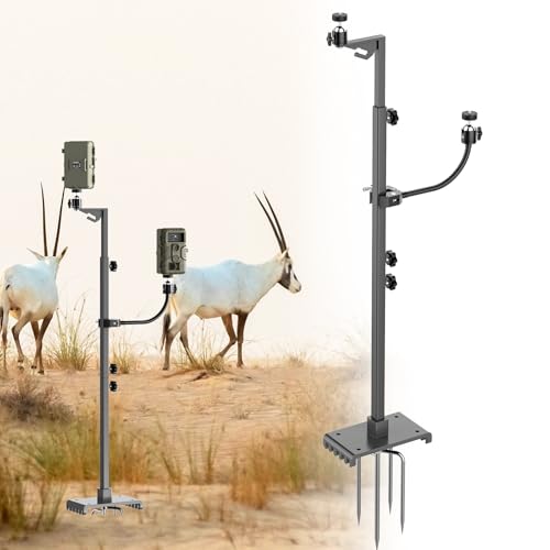 SDSNTE Trail Camera Stand Dual Mount, 17-47" Adjustable Height Hunting Accessories Holder, 360 Rotate 1/4" Thread Mount for Game Cam & Solar Panel, Robust Iron Tripod for Outdoor Hunting, No Tree