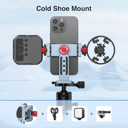 Phone Tripod Mount Aluminum Alloy, 360° Rotatable Phone Stand Holder Clamp with Cold Shoe and Arca Base Compatible with iPhone 15 Pro Max Galaxy S24 Ultra Pixel & 2.5"-4" Wide Smartphones