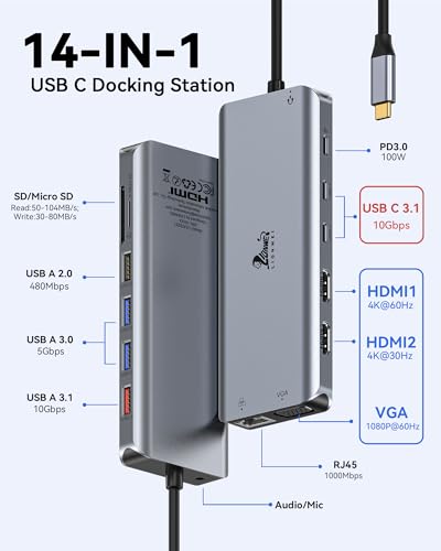 USB C Docking Station Dual Monitor for Laptop, LIONWEI 14-in-1 USB-C Hub with Triple Display, 2 HDMI + VGA, Ethernet, 6 USB A/C 3.0/2.0, PD, SD/TF, Audio, USBC Dock for Surface/HP/Dell/Lenovo/MacBook - color: 2 HDMI+VGA+ethernet