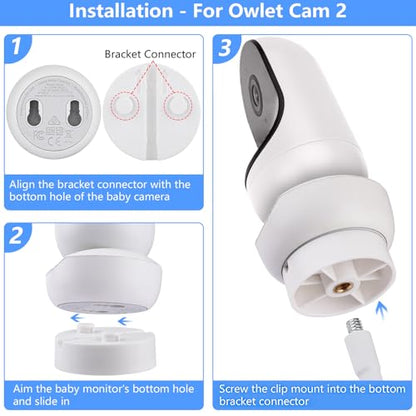Flexible Clip Mount Compatible with Owlet, Motorola and Other Baby Monitor Camera with 1/4 Threaded Hole Without Tools or Wall Damage - White