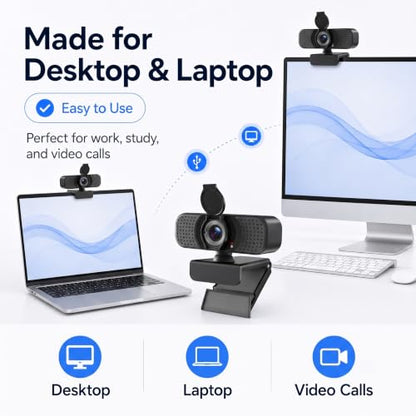 1080P Webcam with Microphone, USB Camera for PC and Laptop, Privacy Cover | For meetings, remote work, classes, streaming, and video calls; includes 105° wide view, privacy cover, and mini tripod