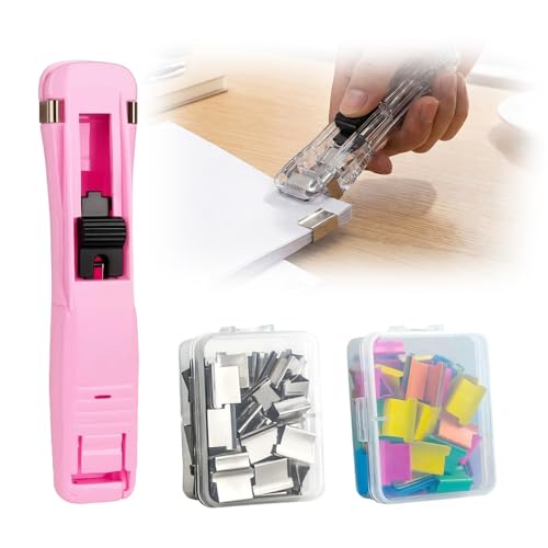 Portable Binder Clip Stapler, 2026 New Reusable Portable Paper Clam Clip Dispenser, 100 Metal Refill Clips (50 Silver + 50 Color) for Home, School, Desk Office (Pink-1PCS) - color: Pink-1pcs