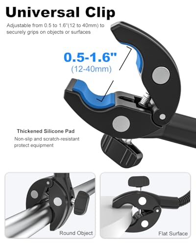 Gooseneck Clamp Camera Mount with 1/4“ 3/8" 5/8" Screw, Go Pro Mounts for Handlebar, Desk, Tube, Cross Bar, Compatible with GoPro Hero 13/Baby Monitor/Logitech Webcam/Insta 360/Field Monitor