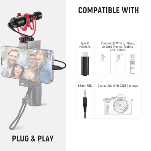 NEEWER Plug & Play Vlog Microphone, 20-20KHz Mini Supercardioid Mic with 3.5mm TRS, USB C OTG Cable, Shock Mount, Windscreen Compatible with iPhone 16 15 14 Samsung S24 Android Tablet Mac Camera, VM10 - style: VM10 Microphone