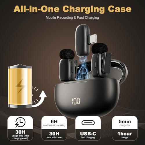 Wireless Lavalier Mini Microphone for iPhone ipad Android, 30H Long Battery Life, 100FT Wireless Range, Noise Cancellation, Plug & Play for Vlogging, Video Recording, Podcast, YouTube, TikTok