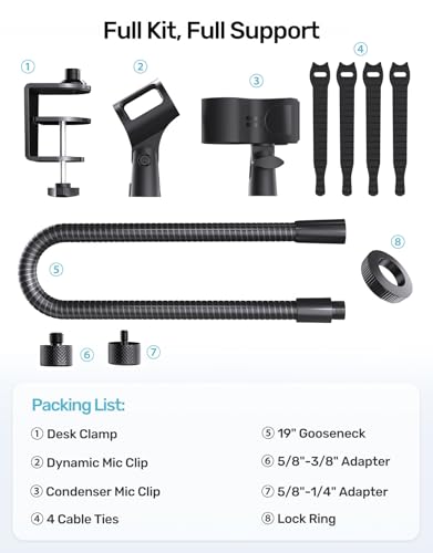 19-Inch Gooseneck Mic Stand for Desk - Clamp On Desktop Microphone Arm with Heavy-Duty Table Clip, 5/8" to 3/8" & 1/4" Adapters Included, Ideal for Podcast, Pulpit & Podium Mic Holder, Black - size: Heavy-Duty Clamp