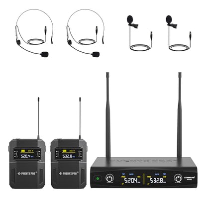 Phenyx Pro UHF Wireless Microphone System w/ 2x30 Tunable Frequencies, Metal Cordless Mic Set, 200 ft Range, 2 Bodypacks & Headsets/Lapel Mics for Speaking, Singing, Church, DJ (PTU-52-2B) | 2 Bodypacks, Auto Pair, 2 x 30 Frequencies, 200 ft Range, Hands-