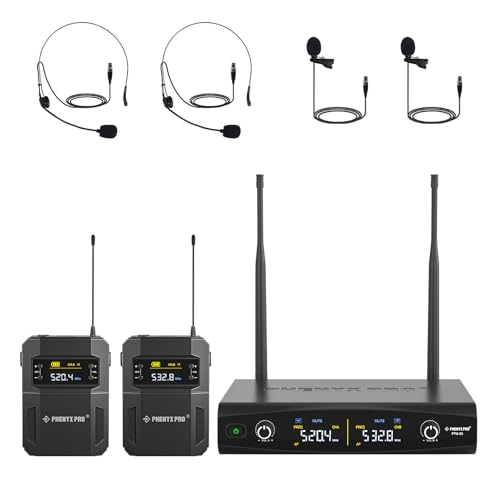 Phenyx Pro UHF Wireless Microphone System w/ 2x30 Tunable Frequencies, Metal Cordless Mic Set, 200 ft Range, 2 Bodypacks & Headsets/Lapel Mics for Speaking, Singing, Church, DJ (PTU-52-2B) | 2 Bodypacks, Auto Pair, 2 x 30 Frequencies, 200 ft Range, Hands-