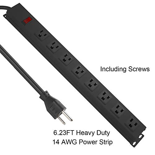 HHOSET Heavy Duty Long 8 Outlets, 14AWG Extension Cord, Black, 3FT, 1 | Metal, Wall Mountable Power Strips with Surge Protection, Switch, Office Under Desk Accessories, Wide Spaced - size: 3ft