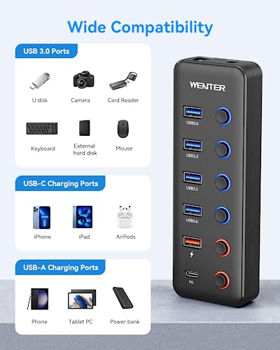 Powered USB 3.0 Hub, Wenter 6-Port USB Hub Splitter (4 Faster Data Transfer Ports+ 2Pcs 36W QC Charging Ports) with Individual LED On/Off Switches, USB Hub 3.0 Powered with Power Adapter - color: 4+1A+1C