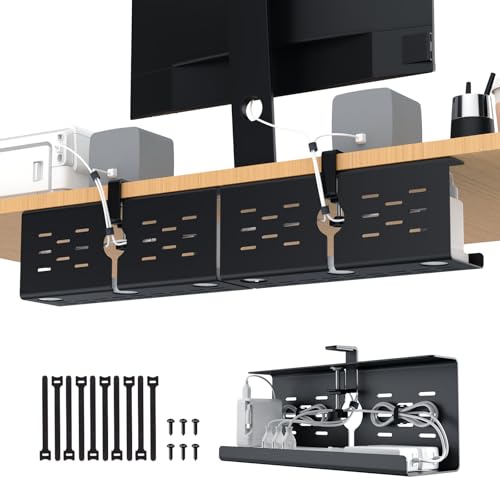 KEEGH 16" Under Desk Cable Management Tray, No Drill Clamp Mount, Desk Cord Organizer Upgrade Capacity, Cord Management Tray for Home Office, Gaming Desk, Standing Desk, Black, 2 Pack - color: Black, size: 2 Pack