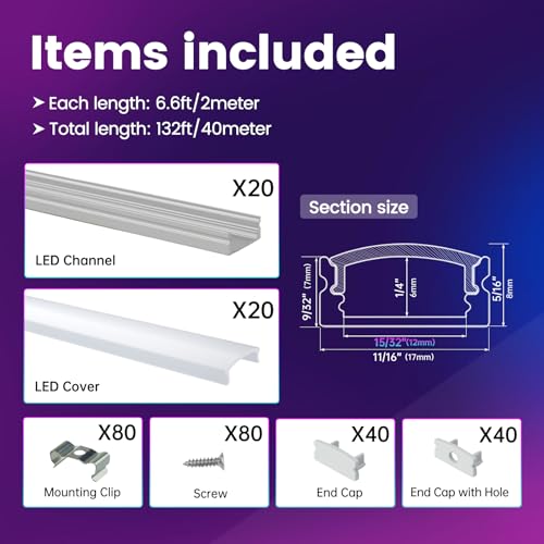 Muzata 20Pack 6.6FT/2M LED Channel Aluminum U Shape Silver LED Strip Diffuser Channel with Milky White Cover Easy Installation U1SW WW 2M - size: 20Pack